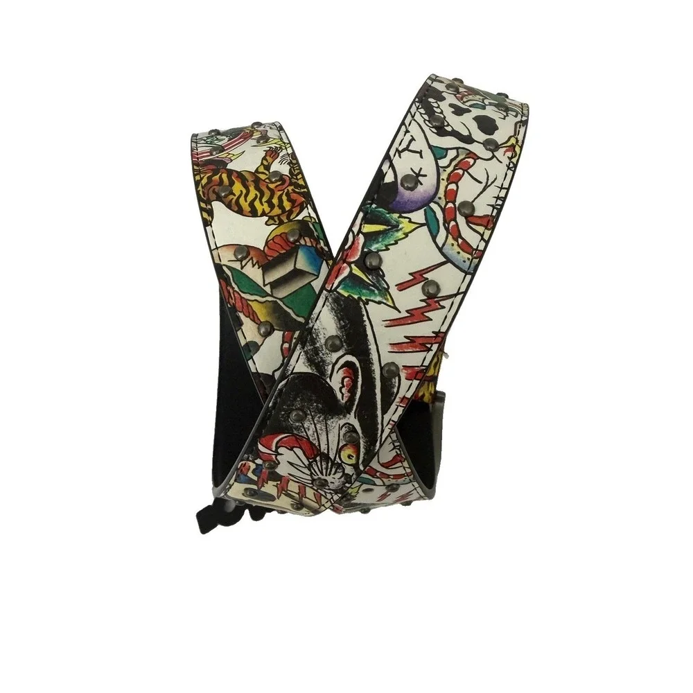 Ed Hardy Men's Skull Tiger Panther Print Belt With Hammered Rivet Studs SZ 40 NW